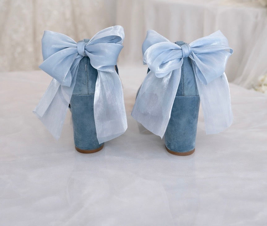 Light Blue Velvet Bow Heels Martina