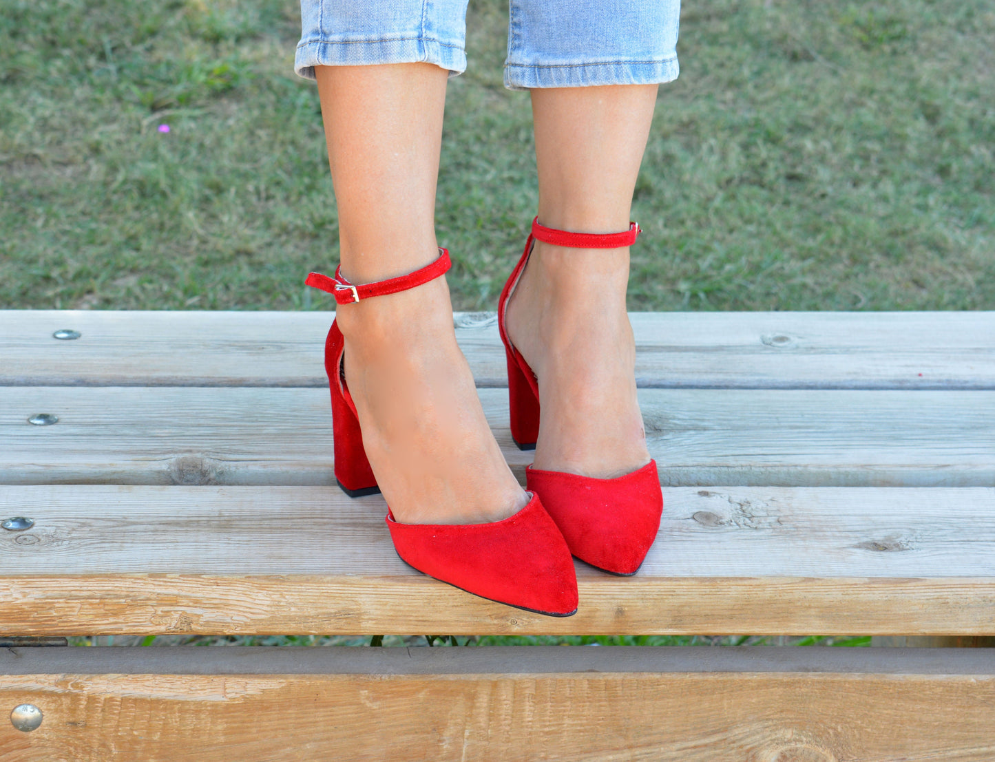 Red Velvet Block Heels, Pointy Red Heels, Red Soles, Ankle strap shoes, Red Pumps, Red Wedding shoes, Velvet Pumps ''Melisa''