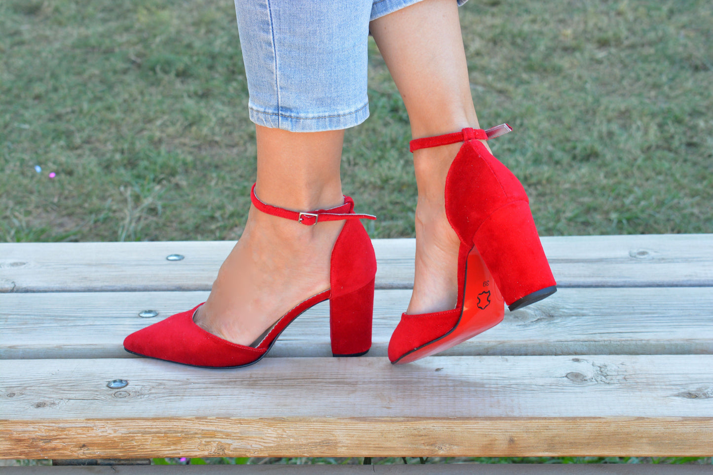 Red Velvet Block Heels, Pointy Red Heels, Red Soles, Ankle strap shoes, Red Pumps, Red Wedding shoes, Velvet Pumps ''Melisa''