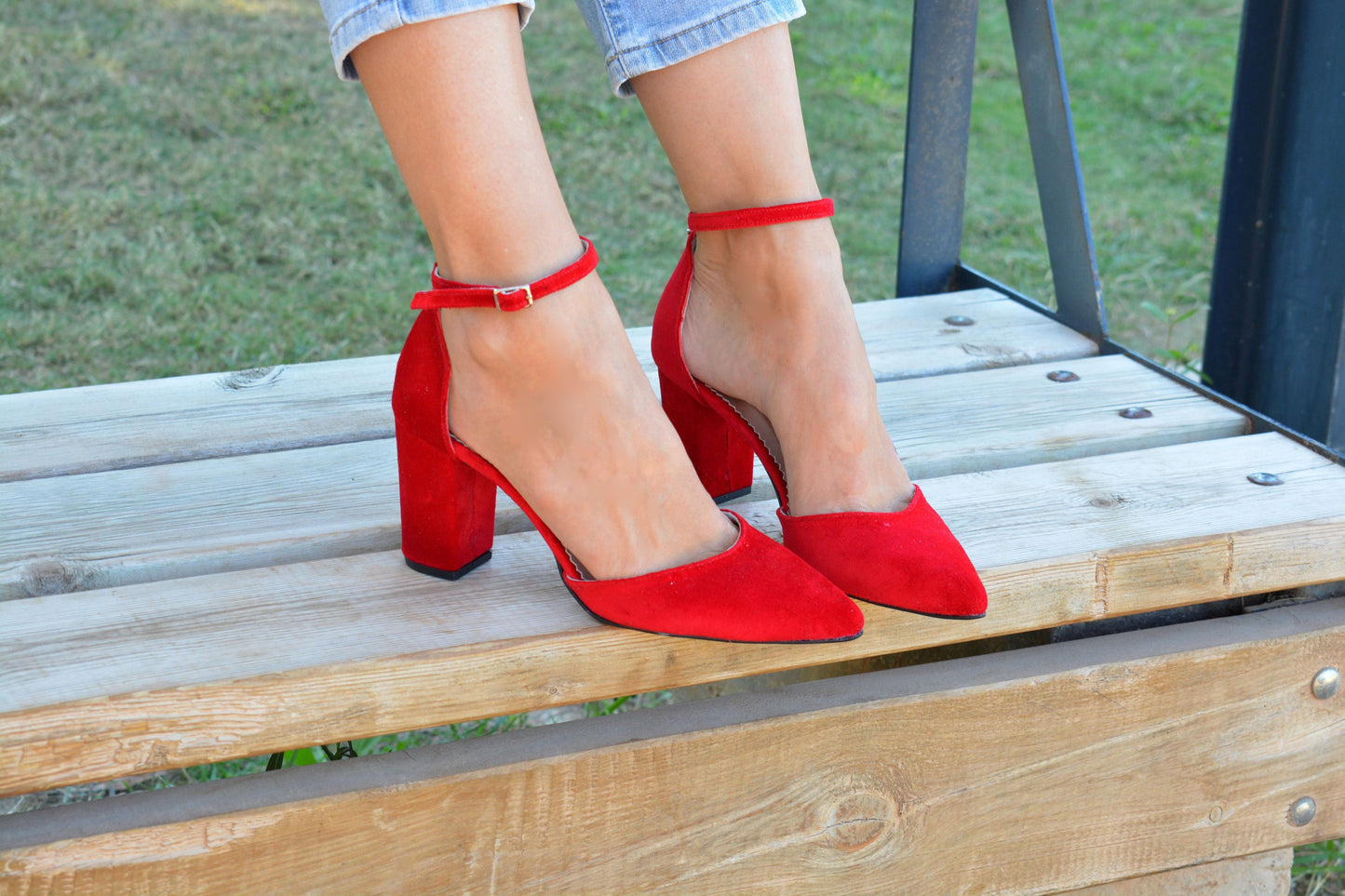 Red Velvet Block Heels, Pointy Red Heels, Red Soles, Ankle strap shoes, Red Pumps, Red Wedding shoes, Velvet Pumps ''Melisa''