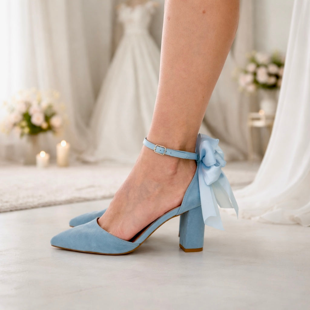 Light Blue Velvet Bow Heels Martina