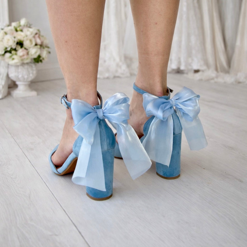 Light Blue Velvet Bow Heels Martina