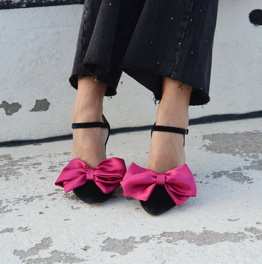 Maddie Black Velvet & Fuchsia Bow