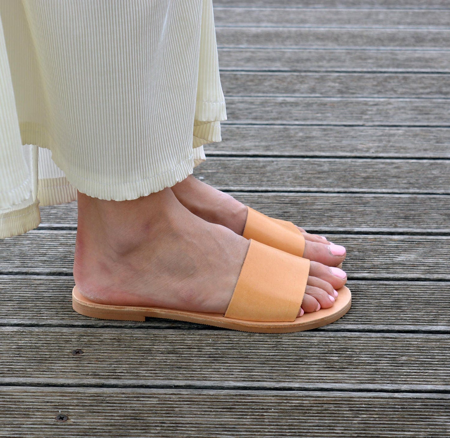 Greek Leather Slides Sandals | Open Toe Flat Sandals | Minimal Sandals | Slide Sandals ''Emily''