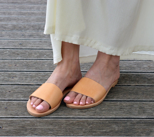 Greek Leather Slides Sandals | Open Toe Flat Sandals | Minimal Sandals | Slide Sandals ''Emily''