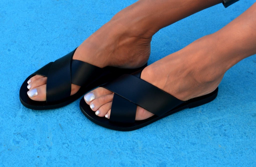 Black Leather Sandals, Greek Leather Slides, Black Sandals, Black Flipflops, Criss Cross Sandals