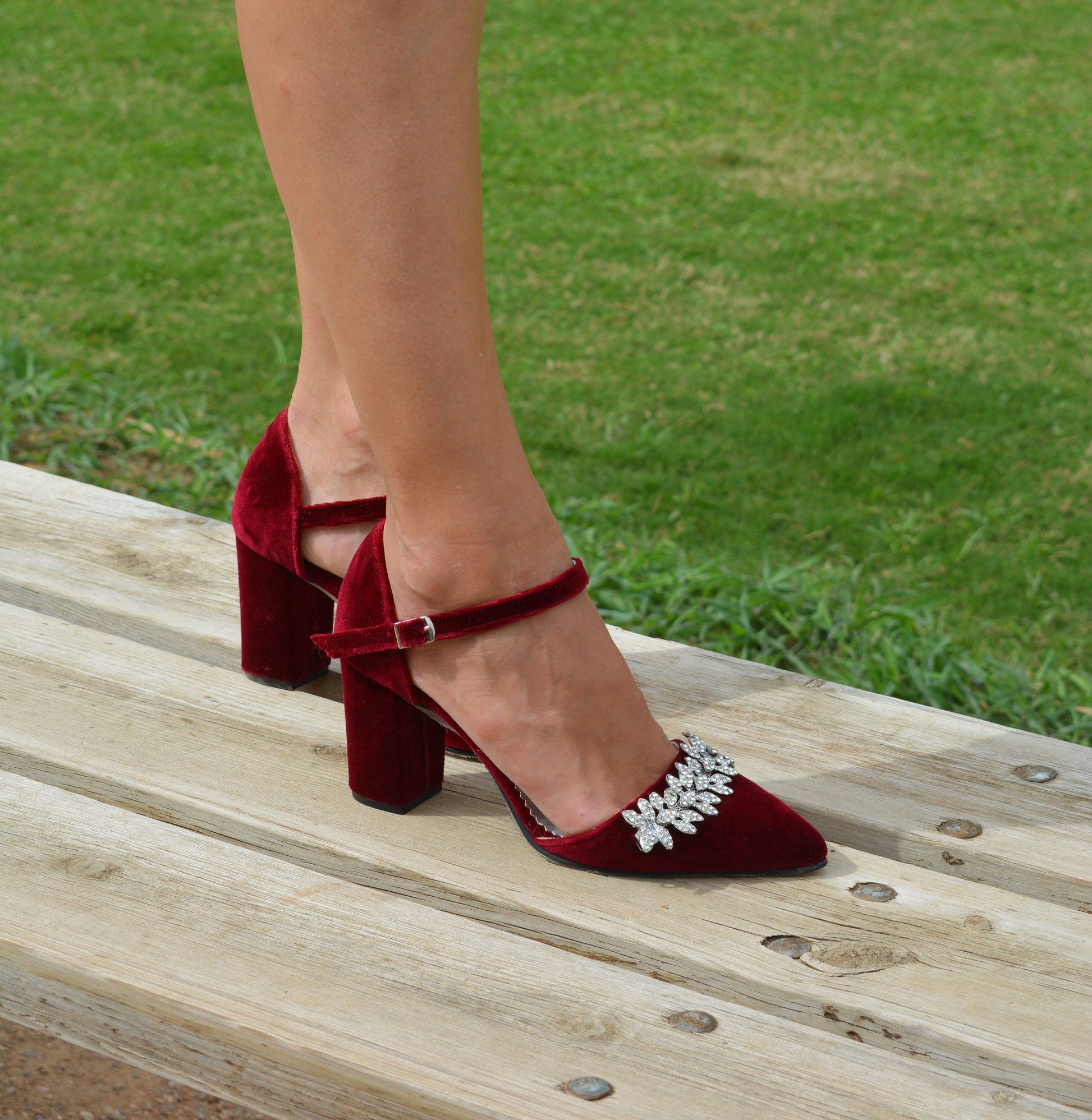 Red velvet bridal shoes with ruby red heels for the passionate bride