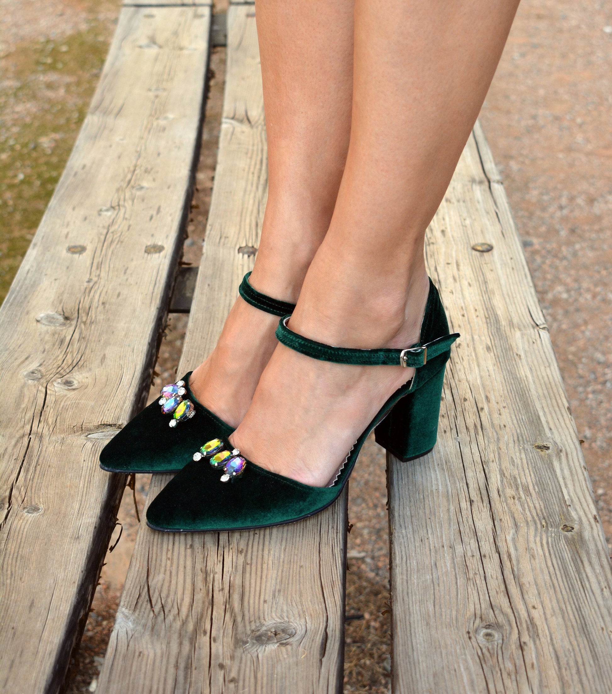 GREEN VELVET HEELS Dark Green Velvet Bridal Shoes Emerald 
