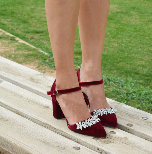 Velvet Block Heel Bridal shoes, Ruby Red Velvet Heels, Deep Red Bridal Heels, Wine Red Wedding shoes, Bridesmaid Shoes, Holiday Red Shoes