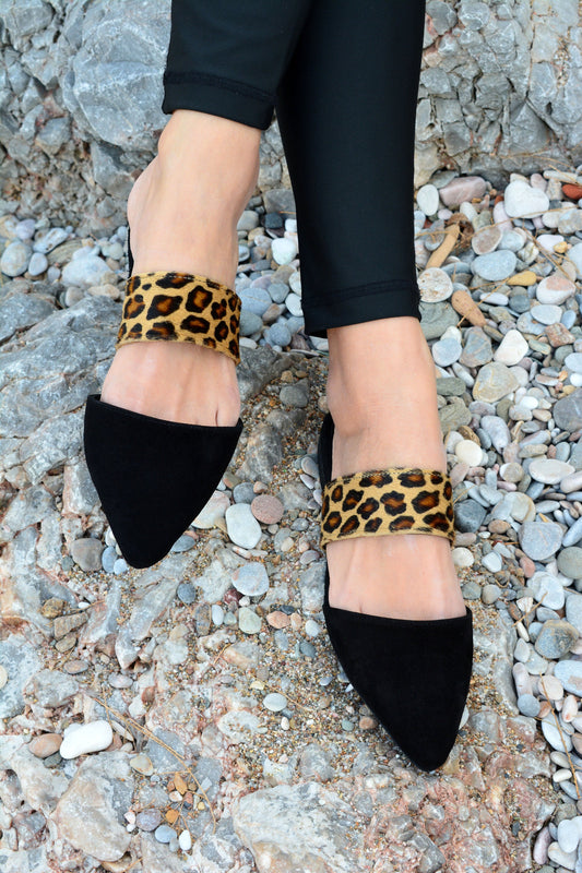 Leather suede mules, Black Leopard shoes, Greek leather shoes, Slip on flats, Pointy mules, Women's loafers, Slippers shoes, Suede Moccasins