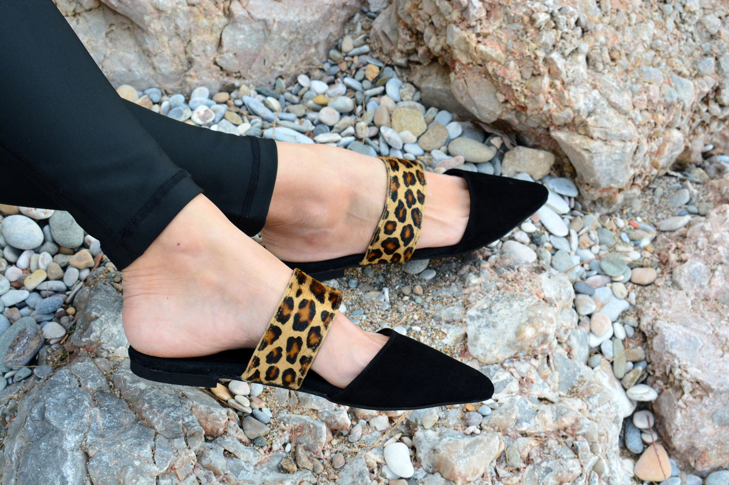 Leather suede mules, Black Leopard shoes, Greek leather shoes, Slip on flats, Pointy mules, Women's loafers, Slippers shoes, Suede Moccasins