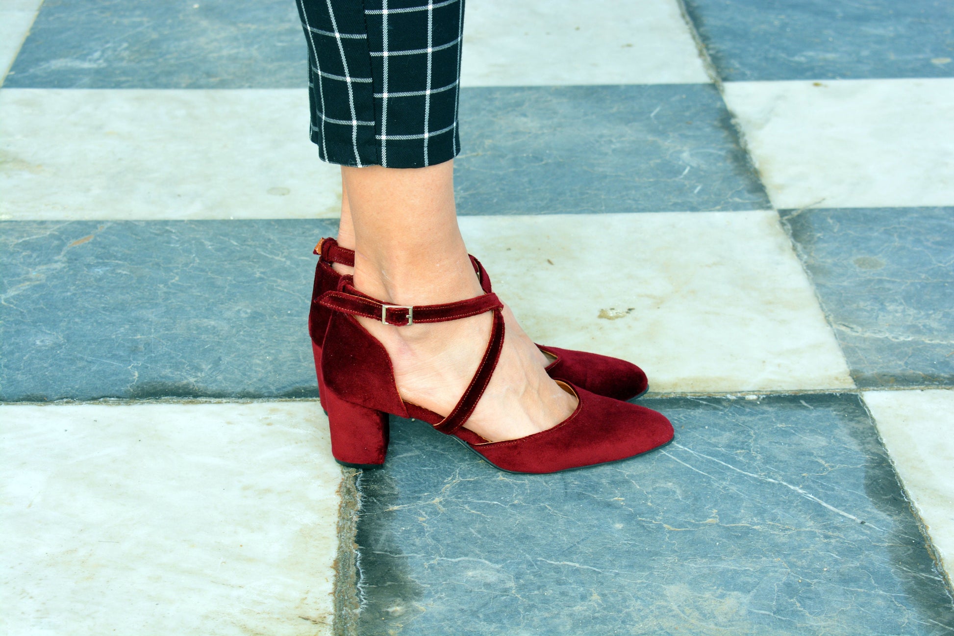 Ankle Strap Burgundy Velvet Wedding Shoes Burgundy Criss Cross
