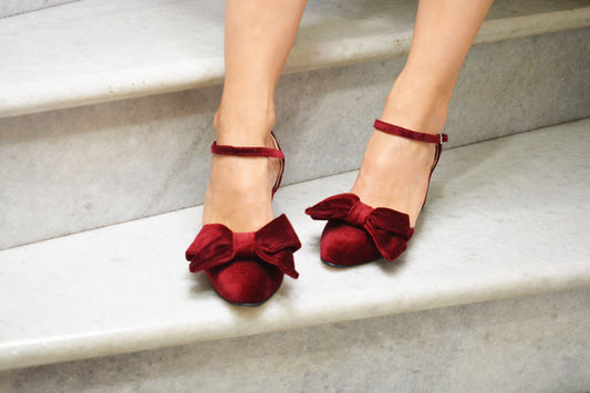 Merlot Wine Red Velvet Block Heels, Velvet Bow Heels, Burgundy Velvet Pumps, Red Wedding shoes, Red Bridal shoes, Velvet Pumps ''Maddie''