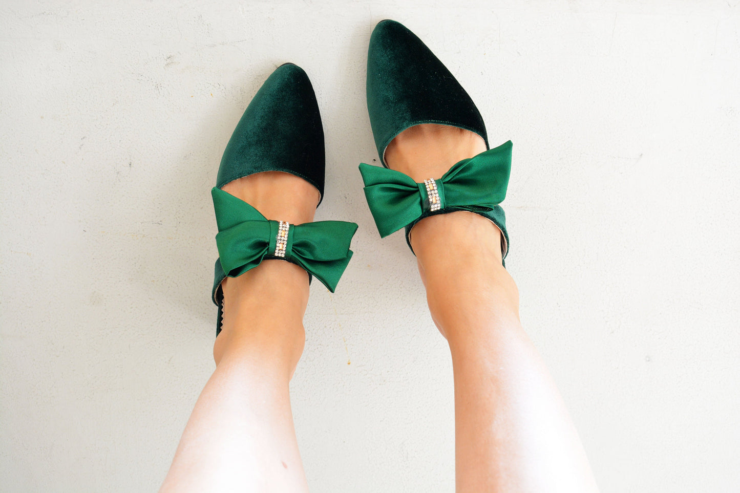 Forest Green Mules, Satin Bow Heels, Block heel Velvet shoes, Green Velvet Mules Heels, Velvet Wedding Heels, Pointed Mules Heels 'Talia'