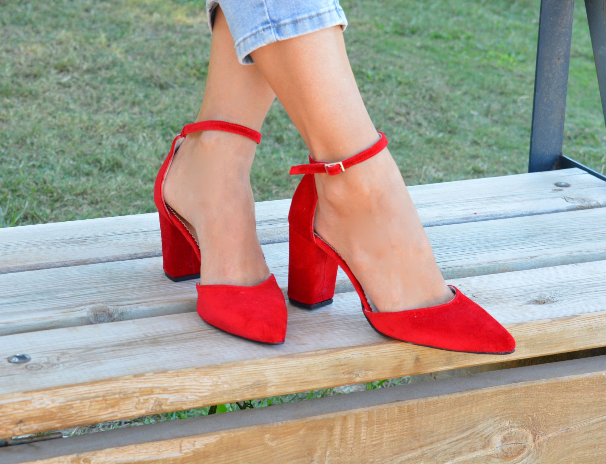 Red Velvet Block Heels, Pointy Red Heels, Red Soles, Ankle strap shoes –  Elise Anaïs