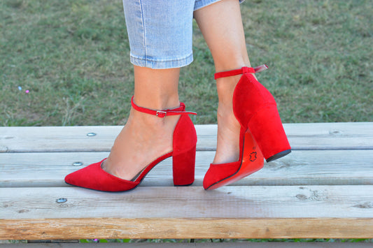 Red Velvet Block Heels, Pointy Red Heels, Red Soles, Ankle strap shoes, Red Pumps, Red Wedding shoes, Velvet Pumps ''Melisa''