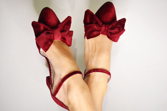 Merlot Wine Red Velvet Block Heels, Velvet Bow Heels, Burgundy Velvet Pumps, Red Wedding shoes, Red Bridal shoes, Velvet Pumps ''Maddie''