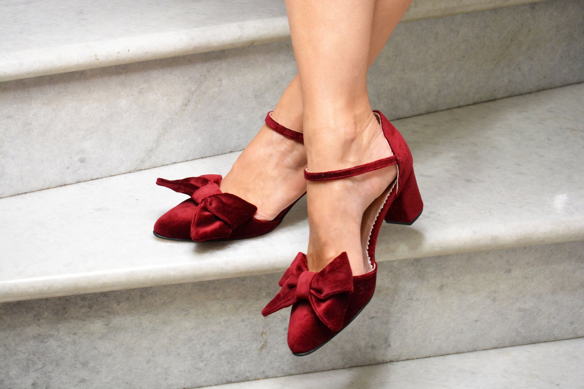 Merlot Wine Red Velvet Block Heels, Velvet Bow Heels, Burgundy
