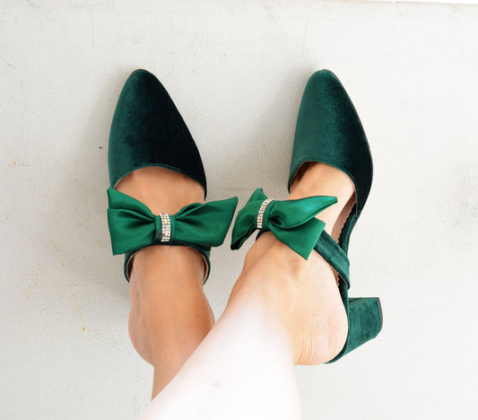 Forest Green Mules, Satin Bow Heels, Block heel Velvet shoes, Green Velvet Mules Heels, Velvet Wedding Heels, Pointed Mules Heels 'Talia'