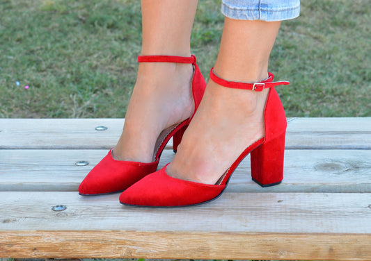 Red Velvet Block Heels, Pointy Red Heels, Red Soles, Ankle strap shoes, Red Pumps, Red Wedding shoes, Velvet Pumps ''Melisa''