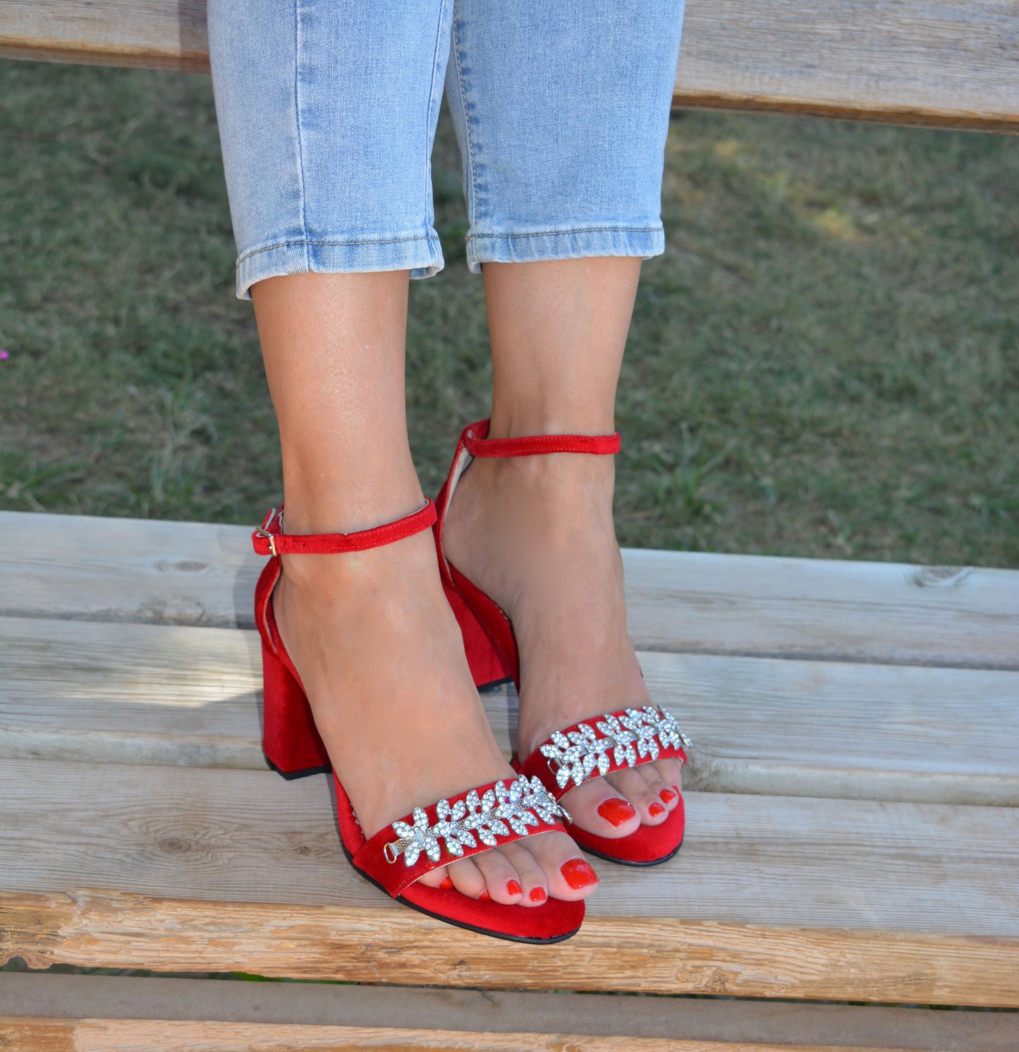 Red Velvet Block Heel Sandals, Red Soles, Red Wedding Sandals, Red Bridal Shoes, Red Wedding Shoes, Silver crystals-embellished shoes