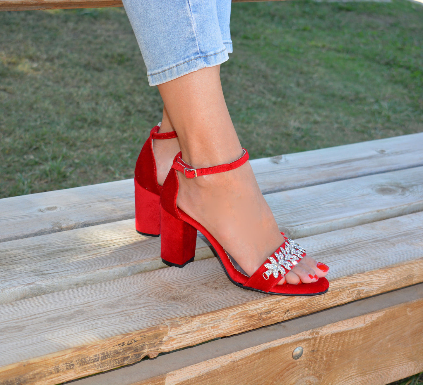 Red Velvet Block Heel Sandals, Red Soles, Red Wedding Sandals, Red Bridal Shoes, Red Wedding Shoes, Silver crystals-embellished shoes