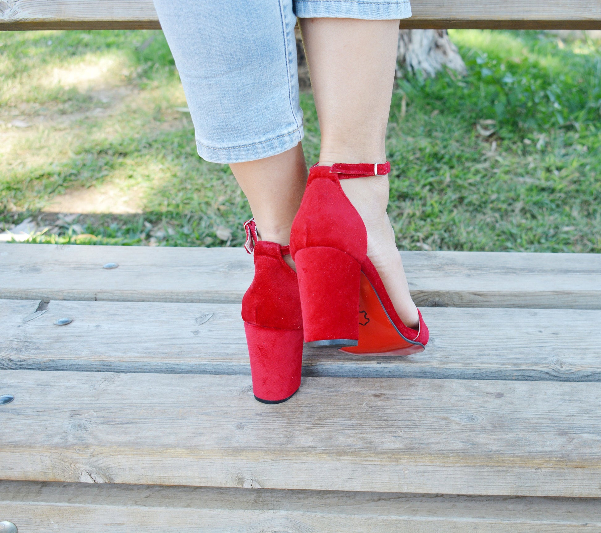 Shoe Land SL-ROMINA-Women's Open Toe Ankle Strap Chunky Block Heel Dress  Sandals (Red)