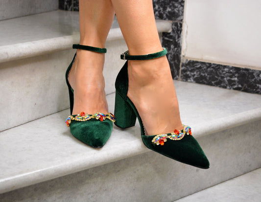 Emerald Green Velvet Block Heels, Green Wedding Shoes, Dark Green Pumps, Crystal embellished Wedding shoes, Velvet Pumps ''Reina''