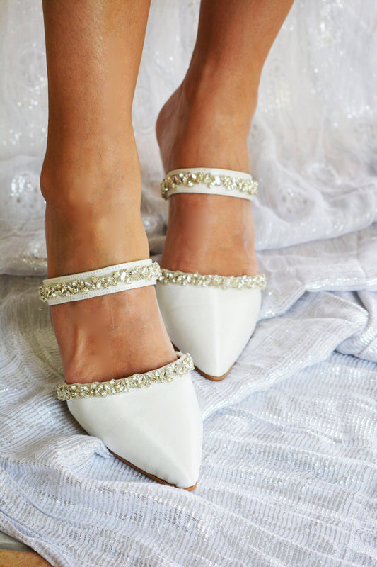 Block Heel Wedding shoes/ White Satin Block Heel Mules / White Satin Wedding shoes / Satin Pointy Mules / Diamante Embellished shoes 'Orora'